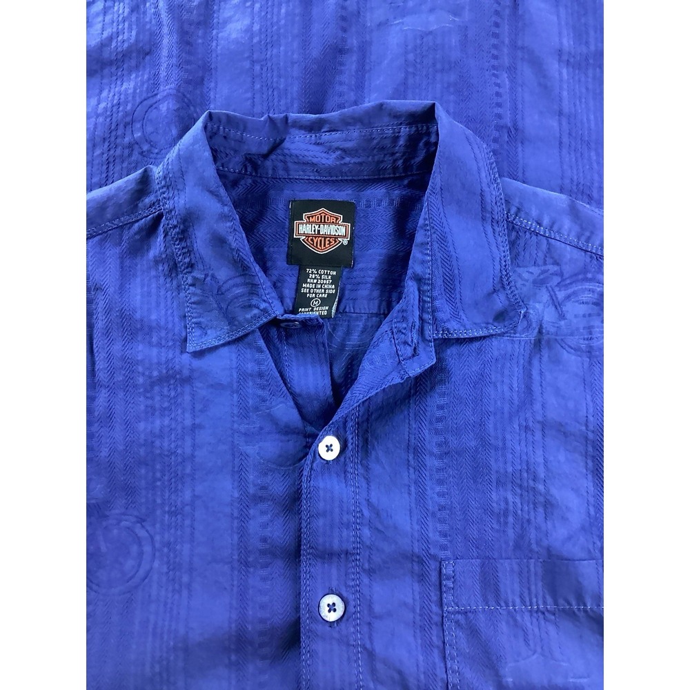 Harley Davidson Blue SS Mens Med Tone-on-Tone Motorcyle Graphics Button Up - Picture 6 of 12